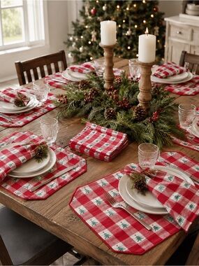 VTG NIP Chadwick's of Boston Christmas Tree Gingham 24 Pc - Set 12 Napkin 12 Mat